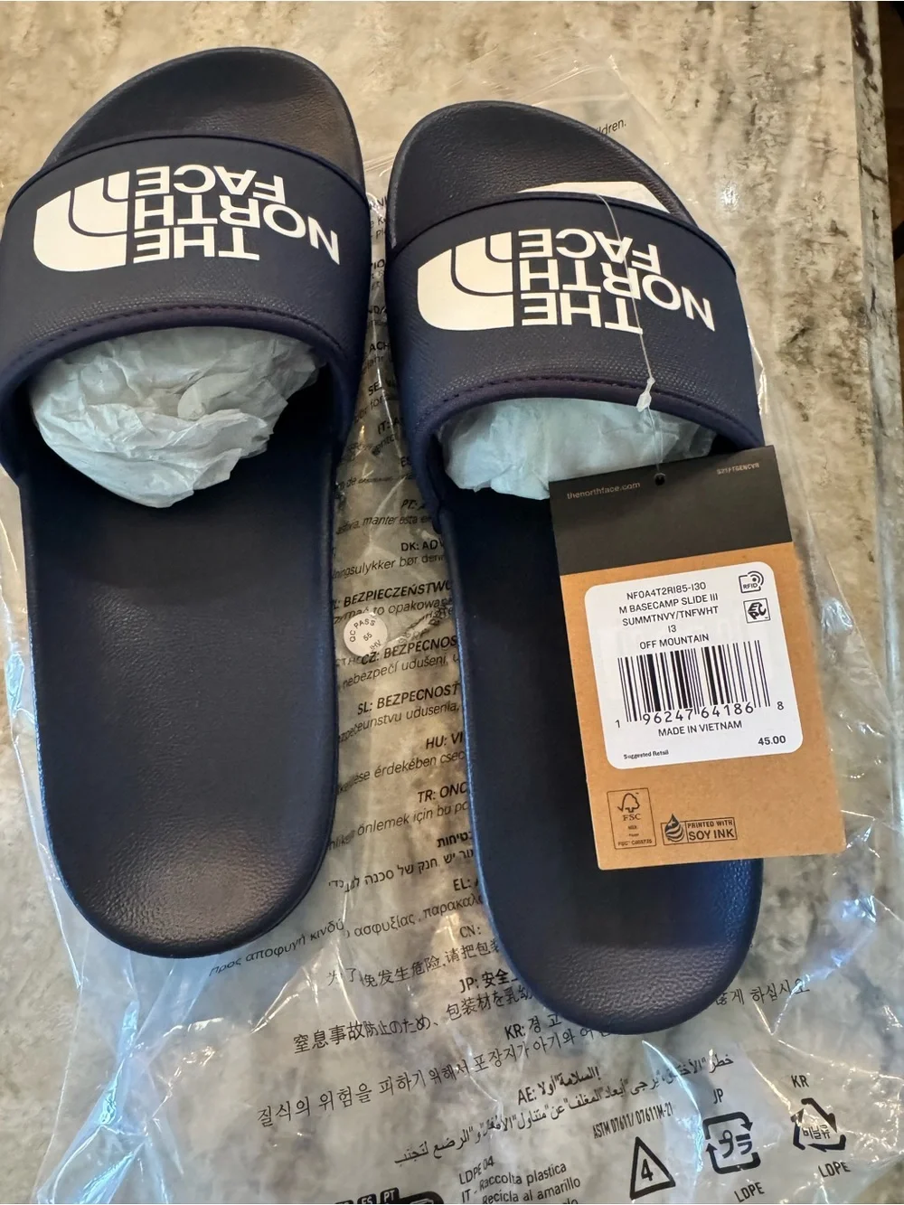 The North Face Navy Slide Sandals with White Logo